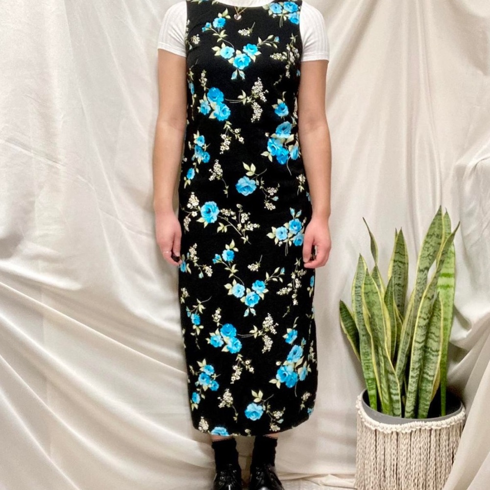 Vintage 90s Style Maxi Dress W/ High Square Neck Floral Dress